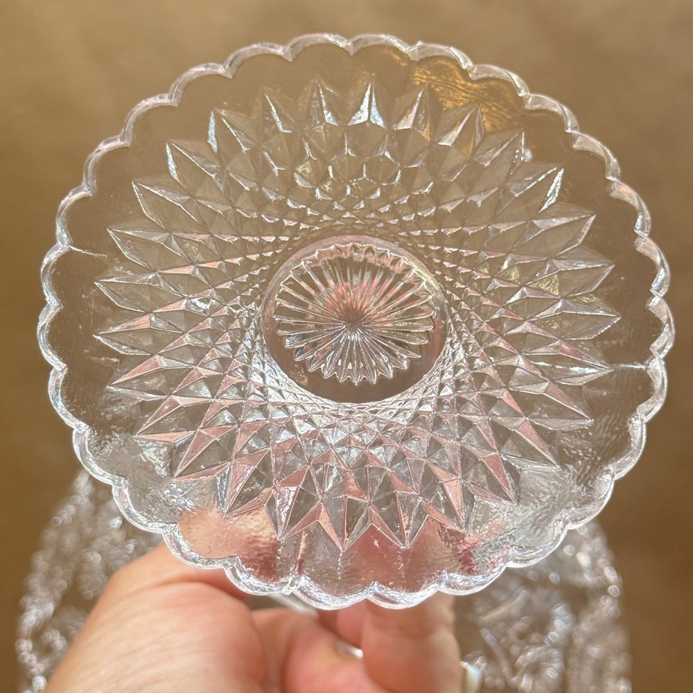 Vintage Clear Pressed Glass Compote Pinwheel Star Scalloped Pedestal Candy Dish - Picture 9 of 11